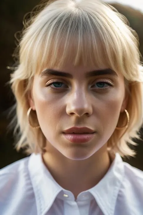 <lora:b1ll1331l1sh:0.9>, a Realistic portrait of b1ll1331l1sh woman, 1girl, solo, long hair, bangs, blue eyes, blonde hair, simple background, shirt, closed mouth, white shirt, collared shirt, lips, portrait, brown background, realistic, nose, professional Photography, Photorealistic, detailed eyes, RAW, analog, sharp focus, 8k, HD, DSLR, high quality, Fujifilm XT3, film grain, award winning, masterpiece