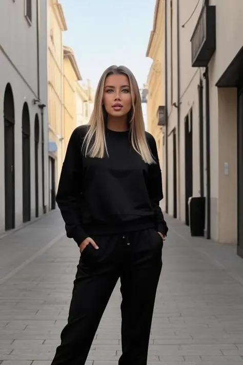 full body shot of polinamalinovskayalora wearing a black sweatshirt, standing, looking at viewer, masterpiece, best quality, sharp focus, in a street <lora:polinamalinovskayalora:1>