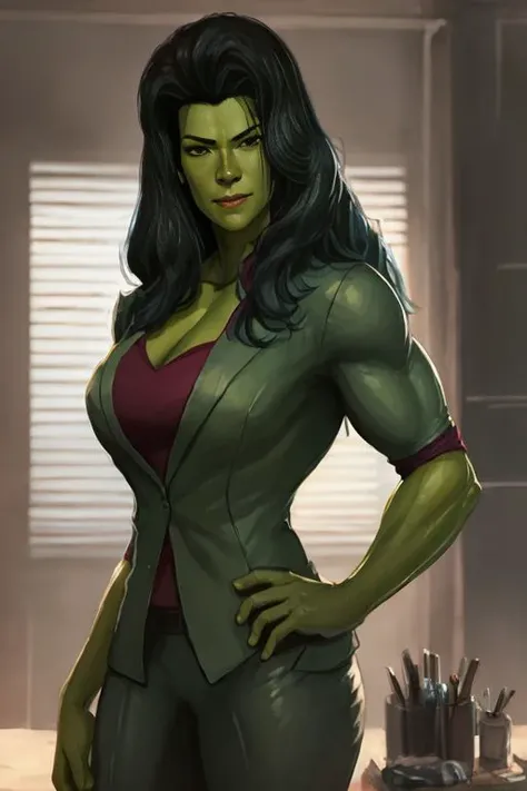 she-hulk, business suit, portrait, highly detailed, digital painting, artstation, concept art, smooth, sharp focus, illustration, cinematic lighting, art by artgerm and greg rutkowski and alphonse mucha