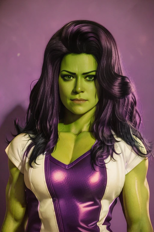 She-hulk, hyper realistic photograph, 3/4 shot, purple and white suit, black hair:: film grain, Kodak portra 800, f1.8, golden hour --ar 2:3 --beta --upbeta <lora:sheHulk_:1>