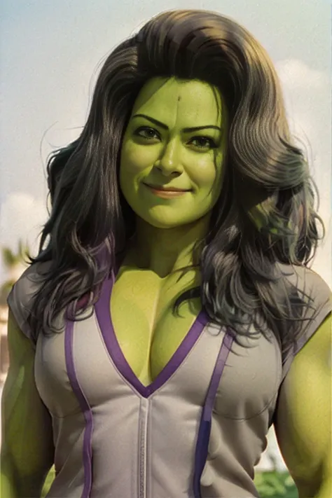 she-hulk, hyper realistic photograph, detail face, happy, 3/4 shot, ((wearing grey suit)),   summer:: film grain, Kodak portra 800, f1.8, golden hour --ar 2:3  --beta --upbeta <lora:sheHulk_:1>