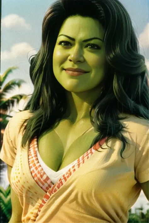 she-hulk, hyper realistic photograph, detail face, happy, half shot, business Suit   summer:: film grain, Kodak portra 800, f1.8, golden hour --ar 2:3  --beta --upbeta <lora:sheHulk_:1>