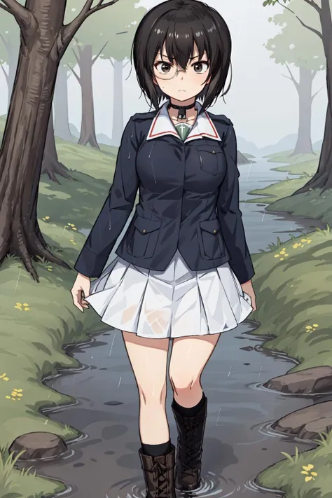 forest, mud, swamp, rain, walking, sad, kawashima momo, solo, black eyes, monocle, choker, ooarai military uniform, blue jacket, white skirt, socks, boots <lora:KawashimaMomo_5:0.8>