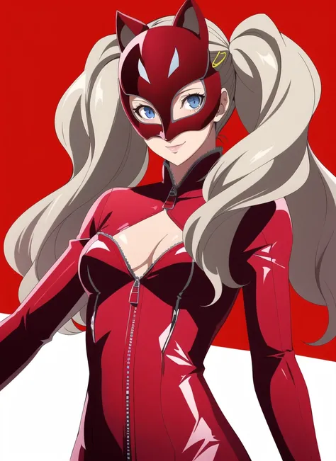 long hair, blonde hair, red dress, long dress, strapless dress, long white elbow gloves, smile, light red lipstick, eye shadow makeup , makeup, black choker, cowboy shot
