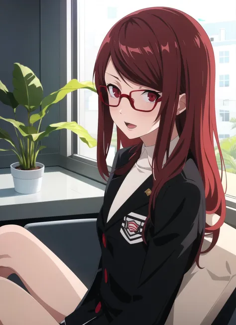 persona5 anime style, portrait of dskasumi, yoshizawa kasumi, 1girl, backlighting, black-framed eyewear, black jacket, blush, book, breasts, chair, glasses, jacket, long hair, long sleeves, looking at viewer, open mouth, plant, potted plant, red eyes, red hair, school uniform, shuujin academy school uniform, sitting, small breasts, solo, swept bangs, window, ((masterpiece)) <lora:dskasumi_e4:0.75> <lora:persona5_anime_style_offset:1>