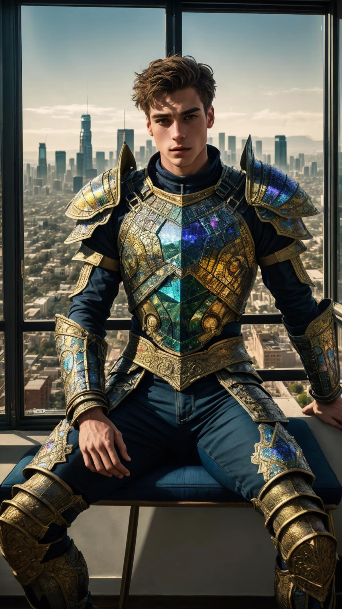 Against the sprawling backdrop of Los Angeles, a young 21 year old man with brown hair sits by the window of his high-rise apartment, wearing Bismuth Armor, The city lights beyond form a twinkling tapestry, but it's his intense gaze that draws you in. Every nuance of his defined features speaks of dreams, aspirations, and the vibrant pulse of LA life. The juxtaposition of raw vulnerability and the city's vast expanse creates a mesmerizing narrative of a soul amidst urban vastness, , <lora:Clothing - Bismuth Armor:0.5>, Bismuth Armor, (masterpiece,best quality:1.5)
