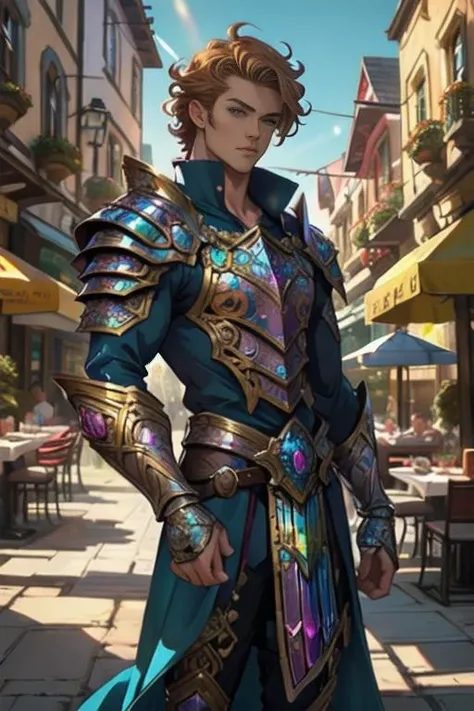 (masterpiece), expressive eyes, perfect face, detailed anime eyes, 1man, handsome teenager, short hair, curly hair, ginger hair, bismuth rogue armor, fantasy, magical,
from front, soft lighting, close up shot,
detailed background, patio, restaurant, town square, statue, outdoors, clear sky, sunlight, cinematic lighting, intricate details, bismuth4rmor,
<lora:Clothing - Bismuth Armor:0.6>,
