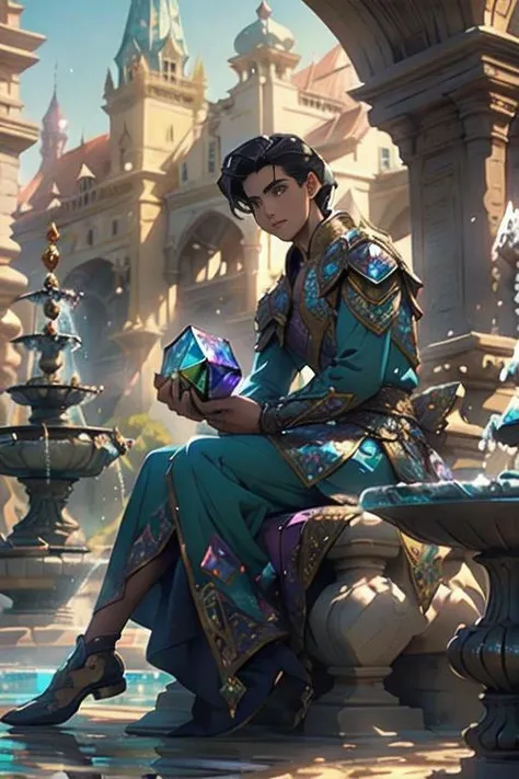(masterpiece), expressive eyes, perfect face, looks like Prince Eric, short hair, holding a stone figurine, sitting beside a public fountain, outdoors, clear sky, sunlight, 
looking at viewer, soft lighting,
cinematic lighting, intricate details, bismuth4rmor,
 <lora:Clothing - Bismuth Armor:0.6>
