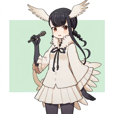 skirt, bird wings, wings, black hair, brown eyes, microphone, frilled sleeves, bird girl, bangs, fur collar