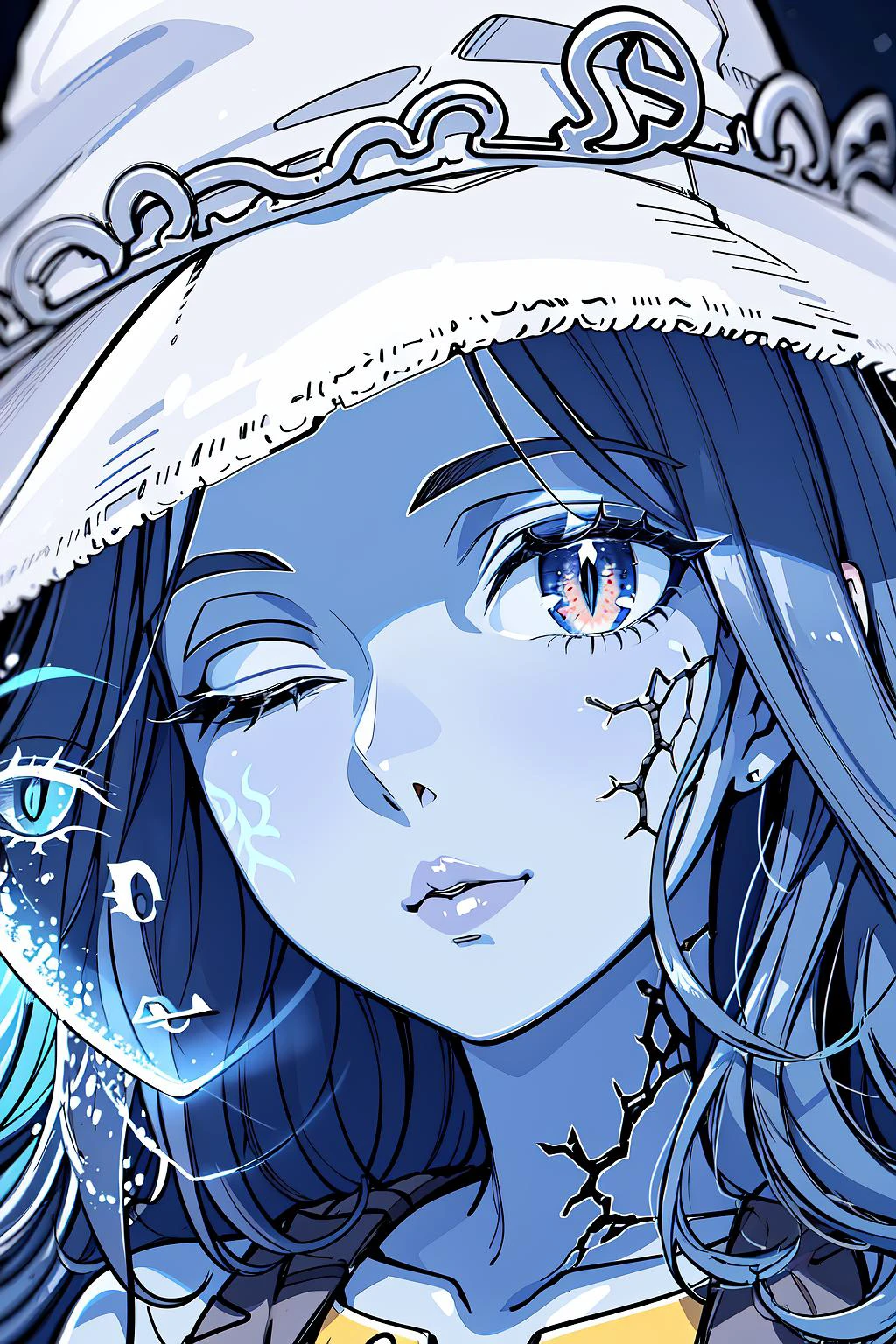 High Quality, Masterpiece, 1girl, slit pupils, IncrsSlitPupil, <lora:SlitPupils:1>, <lora:RanniV4LoRA:0.8>, IncrsRanni, wavy hair, cracked skin, colored skin, blue skin, extra faces, hat, one eye closed,