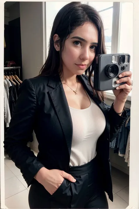polaroid photo of Yinyleon, wearing (Blazer:1.2), mall, upper body, low key lighting, eye level, <lora:Yinyleon:1>