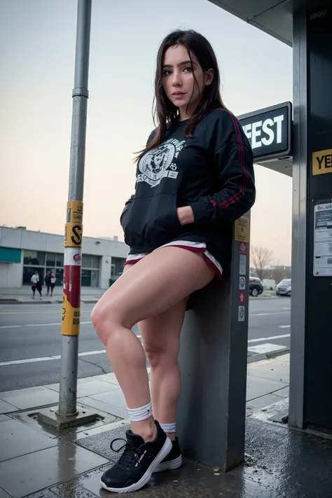 lifestyle photography photo of Yinyleon, wearing (streetwear:1.2), bus stop, upper body, hard light, eye level, <lora:Yinyleon:1>