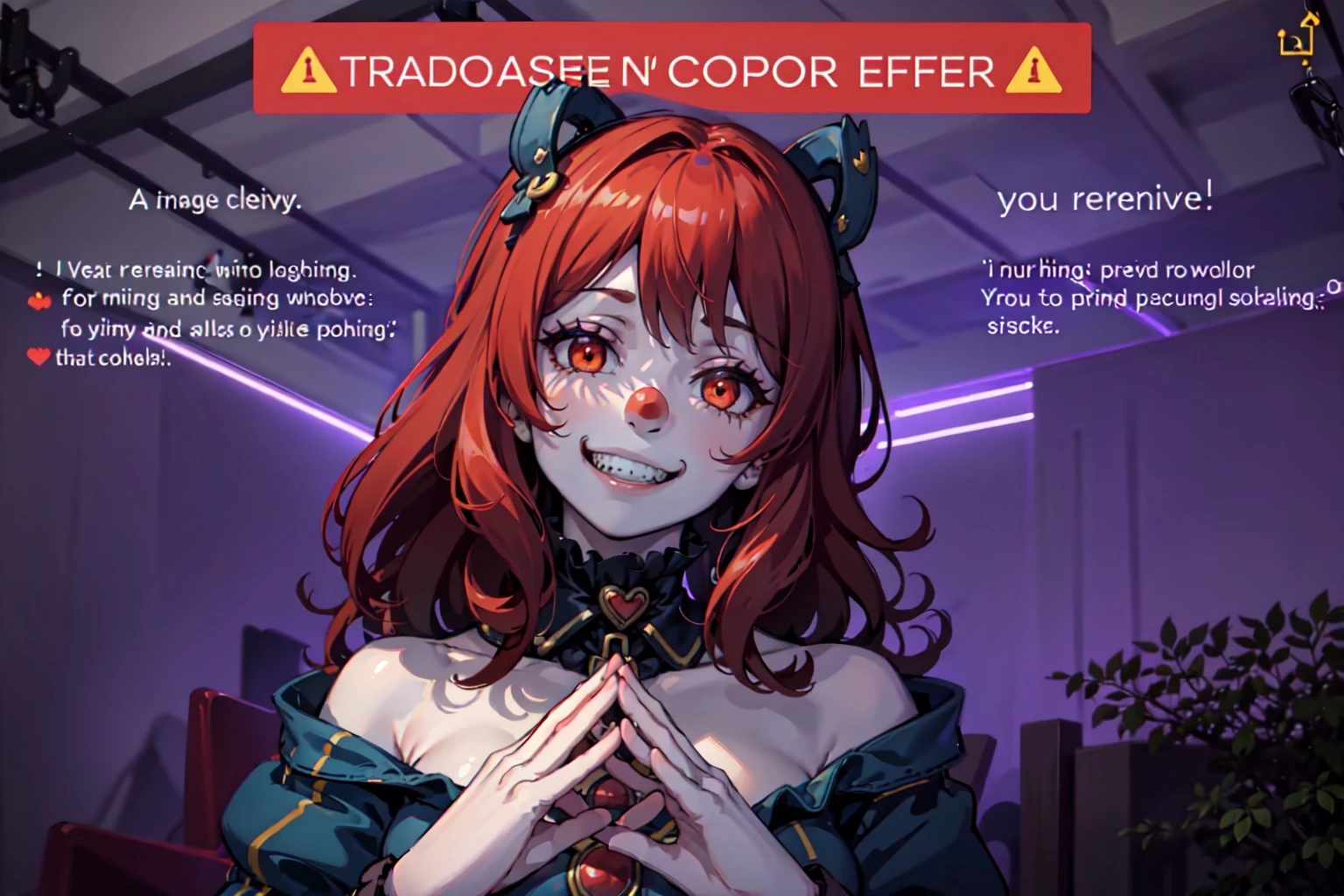 (masterpiece, best quality:1.2), <lora:TradeOfferMeme:1.0> , <lora:edgClussy_retrained-v2.1:0.75>, red clown nose, edgClussy, (TradeOfferMeme:1.1), own hands together, (tilted head:1.1), grin, red hair, red glowing eyes, burning in the background,<lora:Gloomifier_slider_LECO_500w:1.55>, clear text, sharp text,