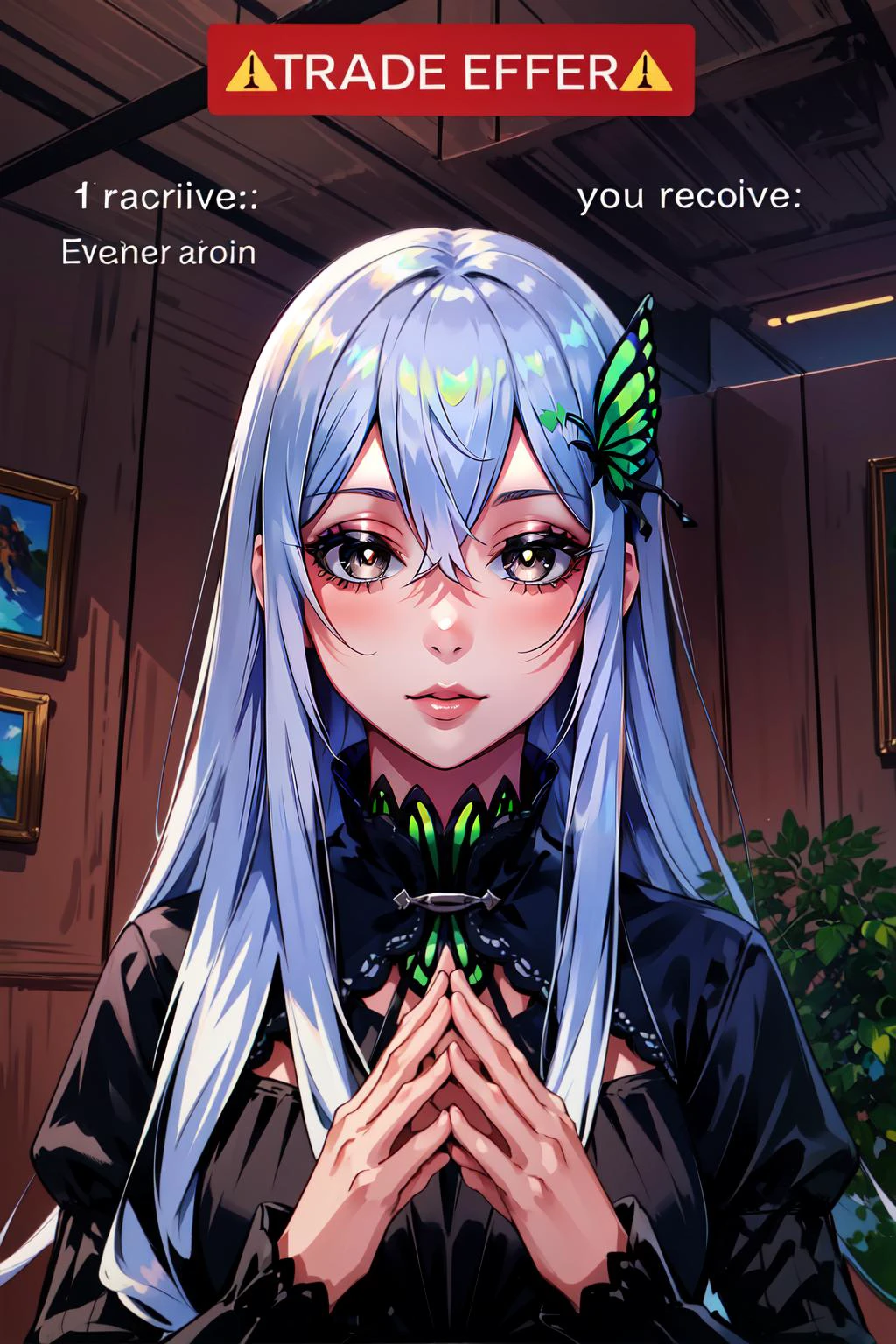 (masterpiece, best quality), intricate details,
1girl, <lora:Echidna_3_20:0.8> echidna, colored eyelashes, butterfly hair ornament, black dress, long sleeves,
<lora:TradeOfferMeme:0.8> TradeOfferMeme, own hands together,