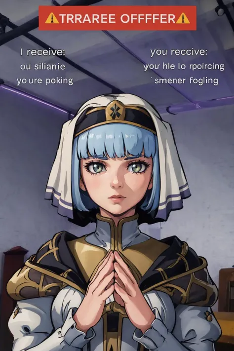 masterpiece, best quality, 1girl, solo, <lora:silque_fe_v1:1> silque, dress, veil, praying, own hands together, <lora:TradeOfferMeme:1> tradeoffermeme