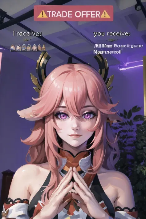 Highly detailed, High Quality, Masterpiece, beautiful, 1girl, TradeOfferMeme, own hands together, <lora:TradeOfferMeme-10:1>, yae miko, pink eyes, long hair, pink hair, animal ears, <lora:Char_GenshinImpact_YaeMiko:1>