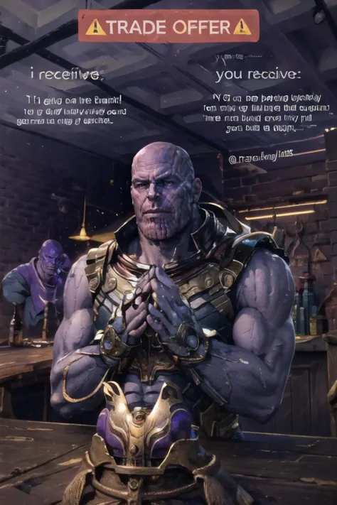Highly detailed, High Quality, Masterpiece, beautiful, 1boy, TradeOfferMeme, own hands together, <lora:TradeOfferMeme:0.85>, photo of thnos, muscular, <lora:Char_Sigmas_Thanos:0.8>