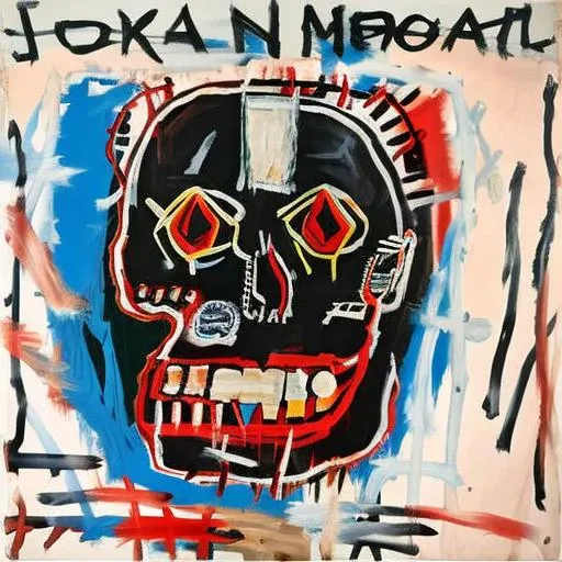 painting of a skull face, by Jean Micheal Basquiat, rock album cover, style facebask