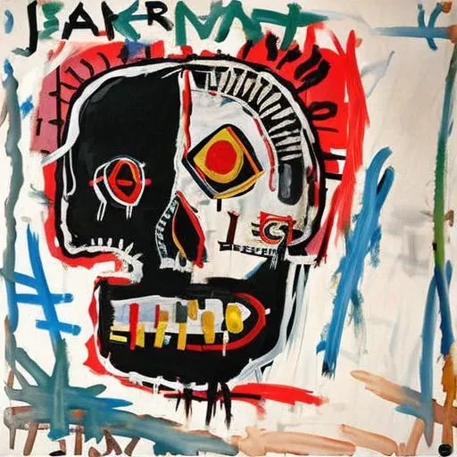 painting of a skull face, by Jean Micheal Basquiat, rock album cover, style facebask