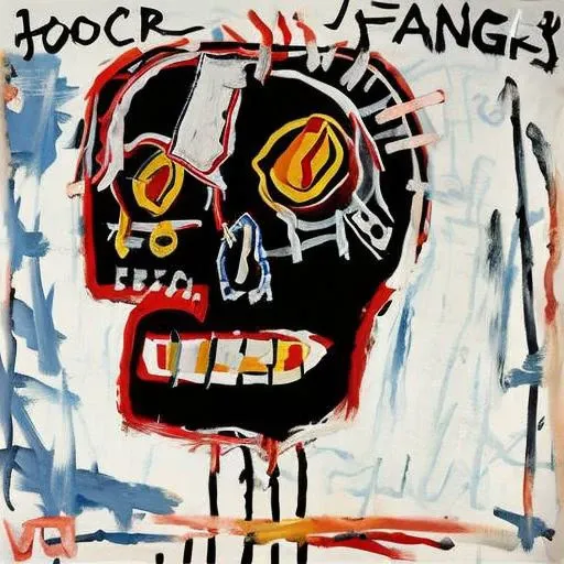 painting of a skull face, by Jean Micheal Basquiat, rock album cover, style facebask