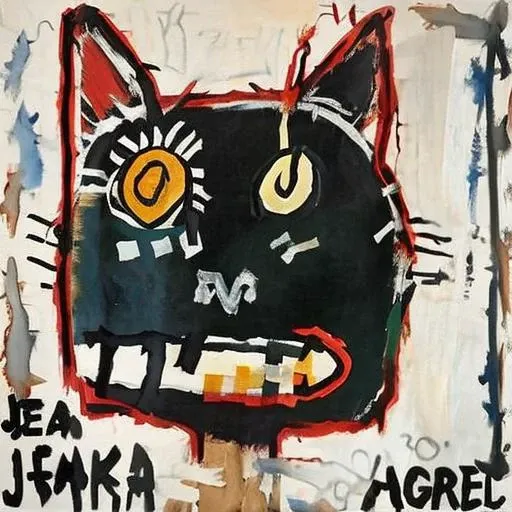 painting of a cat face, by Jean Micheal Basquiat, rock album cover, style facebask