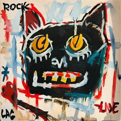 painting of a cat face, by Jean Micheal Basquiat, rock album cover, style facebask