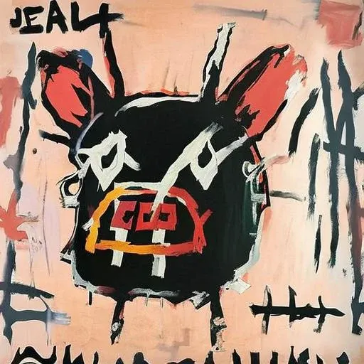 painting of a pig, by Jean Micheal Basquiat, rock album cover, style facebask