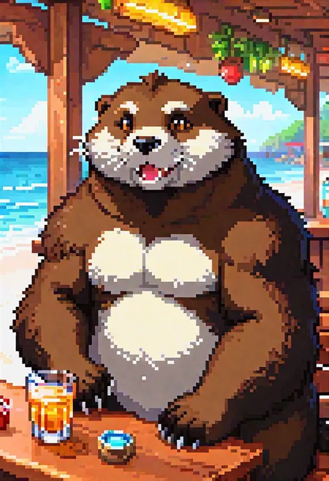 outdoors, BREAK, male, anthro, ((wereotter)), (Detailed eyes, detailed face), Bara build, sumo build, head fur, inner ear fluff, (pleasant expression), (slightly chubby), huge body, stocky body, musclegut, thick build, bear body, (solo:1.5), (beach bar background:1.2), sitting down, relaxing
break,
(wearing shorts)