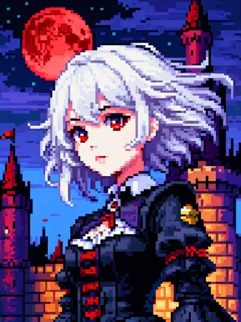 pixel art, ((masterpiece)), (((best quality))), ((ultra detailed)), (illustration), (dynamic angle), night, ((floating)), (paint), ((disheveled hair)), (solo), (1girl), small breast, (((detailed anima face))), ((beautiful detailed face)), collar, (((gothic fashion))), ((white hair)), ((streaked hair)), beautiful detailed eyes, (red eyes), ((detailed castle)), (high saturation),((best shadow)), ((night, red moon, blood on face, blood on cloths, splash blood)), arms behind back