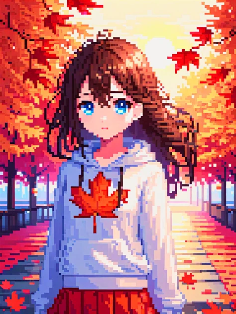 pixel art, (((sunset))), flat color, Golden ratio, {masterpiece:1.5}, {extremely detailed CG unity 8k wallpaper:1.5}, {Grim expression:1.2}, {1girls:2}, {full body:1.8}, {cry, smile:1.8}, The wind blows the maple leaves, extremely detailed maple leaf, {extremely detailed eyes:1.5}, {extremely beautiful detailed anime face:1.5}, black hair, {cute animal face:1.5}, {extremely delicate and beautiful girls:1.4}, blue eyes,{glowing eyes, blank stare:1.5}, {backlight:2}, body is turning into maple leaves, {flowing maple leaf background:1.4}, {depth of field:2}, Red light, extremely detailed sky, clothes with maple leaf, {Maple tree background:1.5}, body with maple leaf , floating hair with maple leaf, looking at viewer, maple leaf foreground, hair with maple leaf, {flowing hair:1.2}, The picture fills the canvas, {flowing:1.2}, dynamic angle