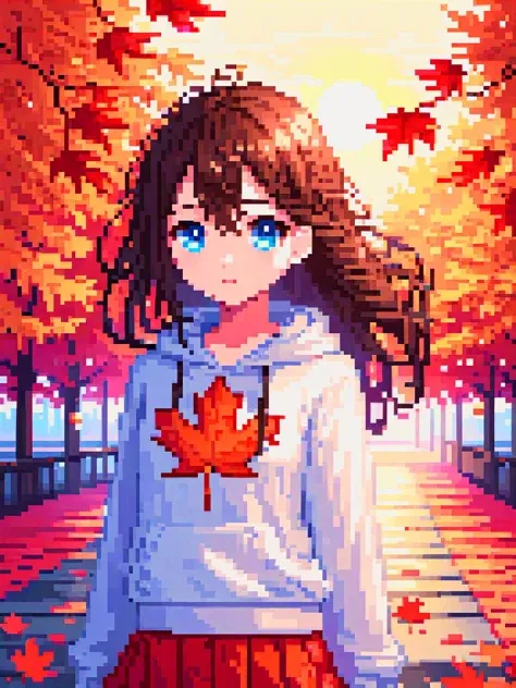 pixel art, (((sunset))), flat color, Golden ratio, {masterpiece:1.5}, {extremely detailed CG unity 8k wallpaper:1.5}, {Grim expression:1.2}, {1girls:2}, {full body:1.8}, {cry, smile:1.8}, The wind blows the maple leaves, extremely detailed maple leaf, {extremely detailed eyes:1.5}, {extremely beautiful detailed anime face:1.5}, black hair, {cute animal face:1.5}, {extremely delicate and beautiful girls:1.4}, blue eyes,{glowing eyes, blank stare:1.5}, {backlight:2}, body is turning into maple leaves, {flowing maple leaf background:1.4}, {depth of field:2}, Red light, extremely detailed sky, clothes with maple leaf, {Maple tree background:1.5}, body with maple leaf , floating hair with maple leaf, looking at viewer, maple leaf foreground, hair with maple leaf, {flowing hair:1.2}, The picture fills the canvas, {flowing:1.2}, dynamic angle