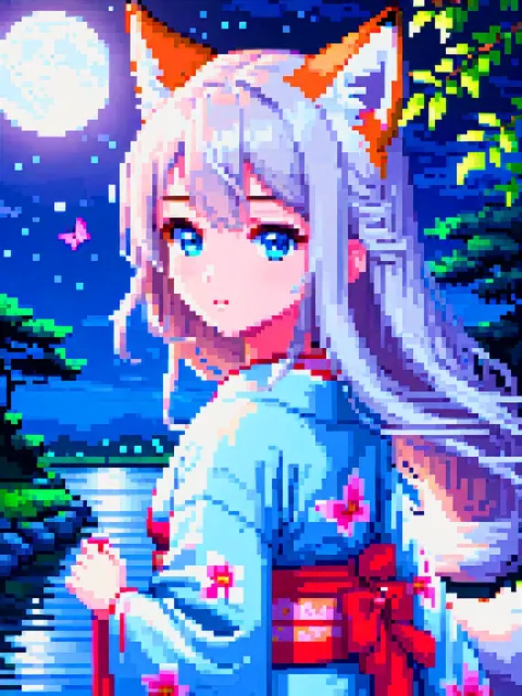 pixel art, original, (masterpiece), (illustration), (extremely fine and beautiful), (perfect details), (unity CG 8K wallpaper:1.05), (beautiful and clear background:1.25), (depth of field:0.7), (1 cute girl with (2 fox ear:0.9) and (fox tail on the back:1.2) stands aside the river:1.15), cute face, (cute:1.3), (detailed beautiful eyes:1.3), (beautiful face:1.3), silver hair, silver ear, 32 bit, (pink hair:0.7), long hair, (japanese kimomo:1.25), (hair blowing with the wind:1.1), (blue eye:1.1), (little girl:1.1), butterfly flying around, (moon light:0.6), tree, (summer), (night:1.2), (close-up:0.35), (gloves:0.8), solo