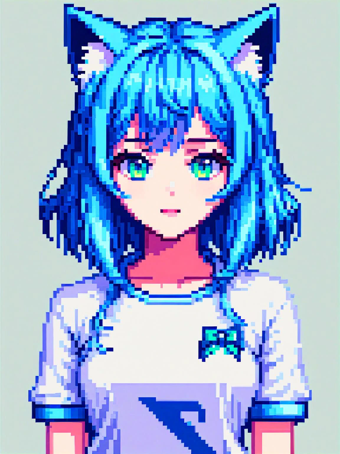 pixel art, best quality, (girl), beautiful detailed eyes, looking at viewer, upper body, blue hair, shy, cat ears, very detailed, high resolution, sharp, sharp image, 64 bit game style, shirt