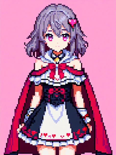 pixel art, masterpiece, best quality, rating: general, newest, Fallen shadow, yandere, chocolate, heart-shaped pupils, single wrist cuff, symbol-shaped pupils, solo, hands on own face, dress, food-themed clothes, criss-cross halter, waist bow, hood up, heart, shaded face, arm ribbon, grey cape, cloak, capelet, hands on own cheeks, smile, grey capelet, black dress, frills, halterneck, leg ribbon, cape, short dress, frilled dress, looking at viewer, petite, simple background, pink background, outline, white background, brown background