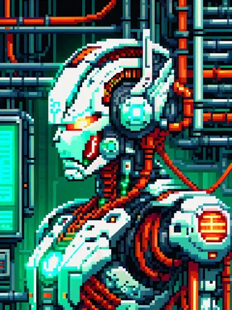 pixel art (cyborg integrated into huge machinery, cables attached to head, wires, tubes, steam:1.3), teal and orange lighting, (dark lighting:1.3), (masterpiece:1.2), 16 bit, best quality, colorful, (intricate details, 32 bit, hyper detailed, highest detailed:1.2), high resolution textures
