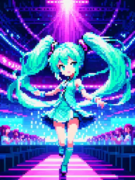 pixel art, Hatsune Miku, the iconic virtual pop star, stands center stage in a futuristic concert venue, Bathed in a neon glow, she gracefully weaves her hands through the air, her fingers leaving trails of light as she conjures a mesmerizing holographic performance, The crowd, a sea of excited fans, watches in awe as she brings her music to life with every elegant movement, 16 bit style