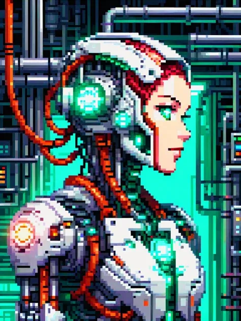 pixel art (cyborg integrated into huge machinery, cables attached to head, wires, tubes, steam:1.3), teal and orange lighting, (dark lighting:1.3), (masterpiece:1.2), best quality, colorful, (intricate details, hyperdetailed, highest detailed:1.2), high resolution textures
