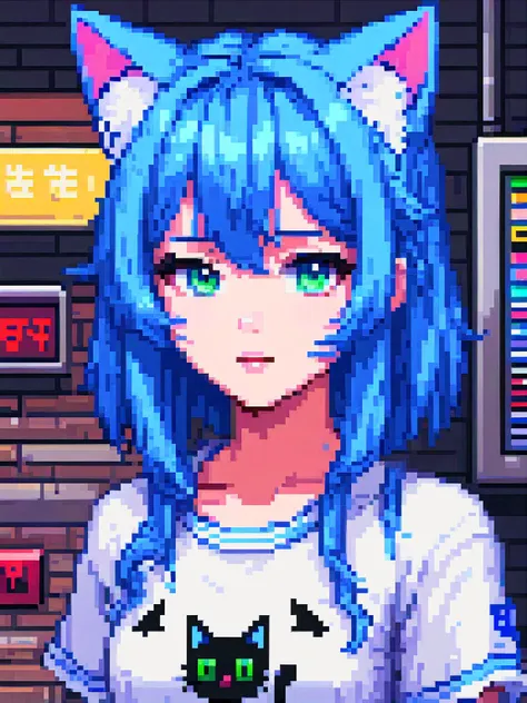 pixel art, best quality, (girl), beautiful detailed eyes, looking at viewer, upper body, blue hair, shy, cat ears, very detailed, high resolution, sharp, sharp image, 64 bit game style, shirt