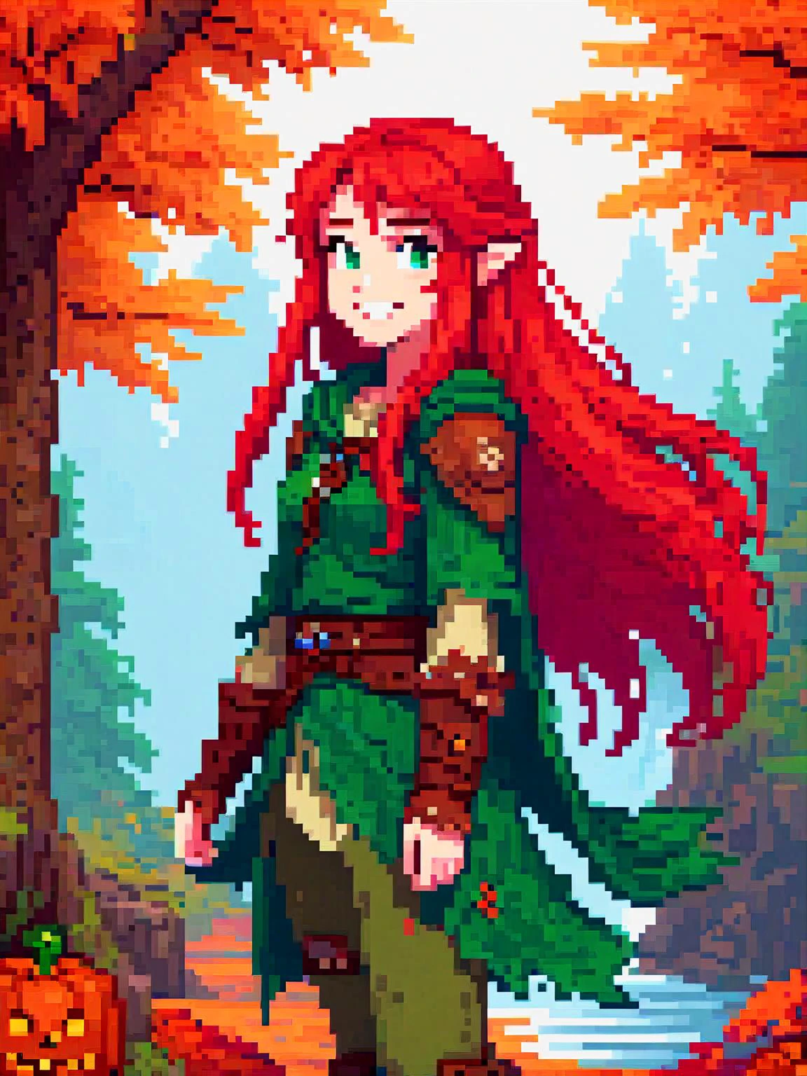 pixel art of a girl, druid with long red hair, autumn, cinematic film still, from Dungeons & Dragons, rugged clothes, sweet smile, (gap-toothed:2)