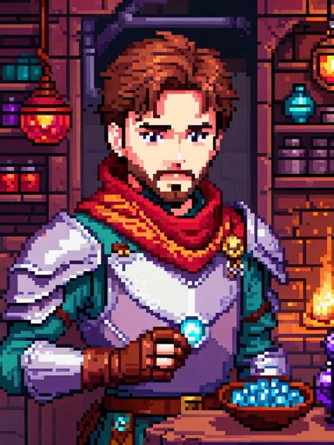 pixel art of young handsome man with brown hair and beard, an artificer wearing a red scarf and plate armor, gadgets, inventions, magic laboratory,   from Dungeons & Dragons (tony stark:0.8)