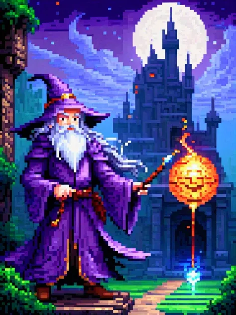 (Pixel art:1.2) a wizard wielding an orbstaff, casting spells, old dark castle in background, HD, masterpiece, best quality, hyper detailed, ultra detailed