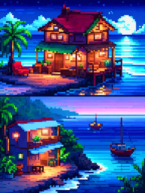 Pixel art, Masterpiece, pixel art pixel style, House, night, by the sea, and there are fishing boats