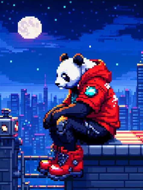 pixel-art a cyborg anthropomorphic giant panda male furry is sitting solo on rooftop, He has very fluffy fur on cheek and animal head, mechanical arms and hands, mechanical legs and boots, He wears a short sleeves red hoodie with both proud and serious on his face, His eyes are black and shine and looking afar, city below, backlighting, night, moonlight, starry sky, 64 bit style, shooting star, constellation . low-res, blocky, pixel art style, 8-bit graphics