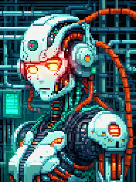 pixel art (cyborg integrated into huge machinery, cables attached to head, wires, tubes, steam:1.3),  teal and orange lighting, (dark lighting:1.3), (masterpiece:1.2), best quality,  colorful, (intricate details, hyperdetailed, highest detailed:1.2), high resolution textures