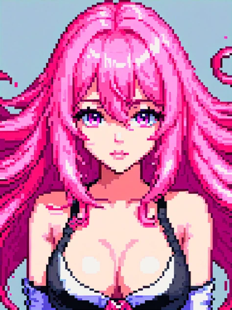 pixel art, 1girl, large breasts, pink hair, large hair, hair over eyes