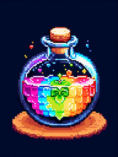 pixel art, cartoon illustration, rainbow potion, happiness, simple black background, game icon
