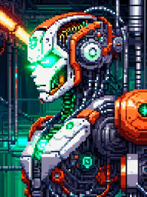 pixel art (cyborg integrated into huge machinery, cables attached to head, wires, tubes, steam:1.3),  teal and orange lighting, (dark lighting:1.3), (masterpiece:1.2), best quality,  colorful, (intricate details, hyperdetailed, highest detailed:1.2), high resolution textures