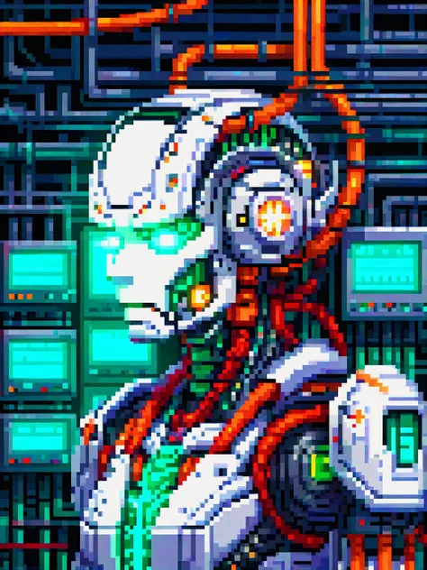 pixel art (cyborg integrated into huge machinery, cables attached to head, wires, tubes, steam:1.3), teal and orange lighting, (dark lighting:1.3), (masterpiece:1.2), best quality, colorful, (intricate details, hyperdetailed, highest detailed:1.2), high resolution textures