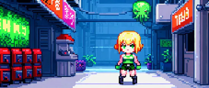 pixel art, 1girl, fighting game pixel art style, cthulhu girl, 32 bits, short blonde bob haircut, skin tight tanktop, navel, short cutoff shorts, knee-high socks, combat boots, cute chubby girl