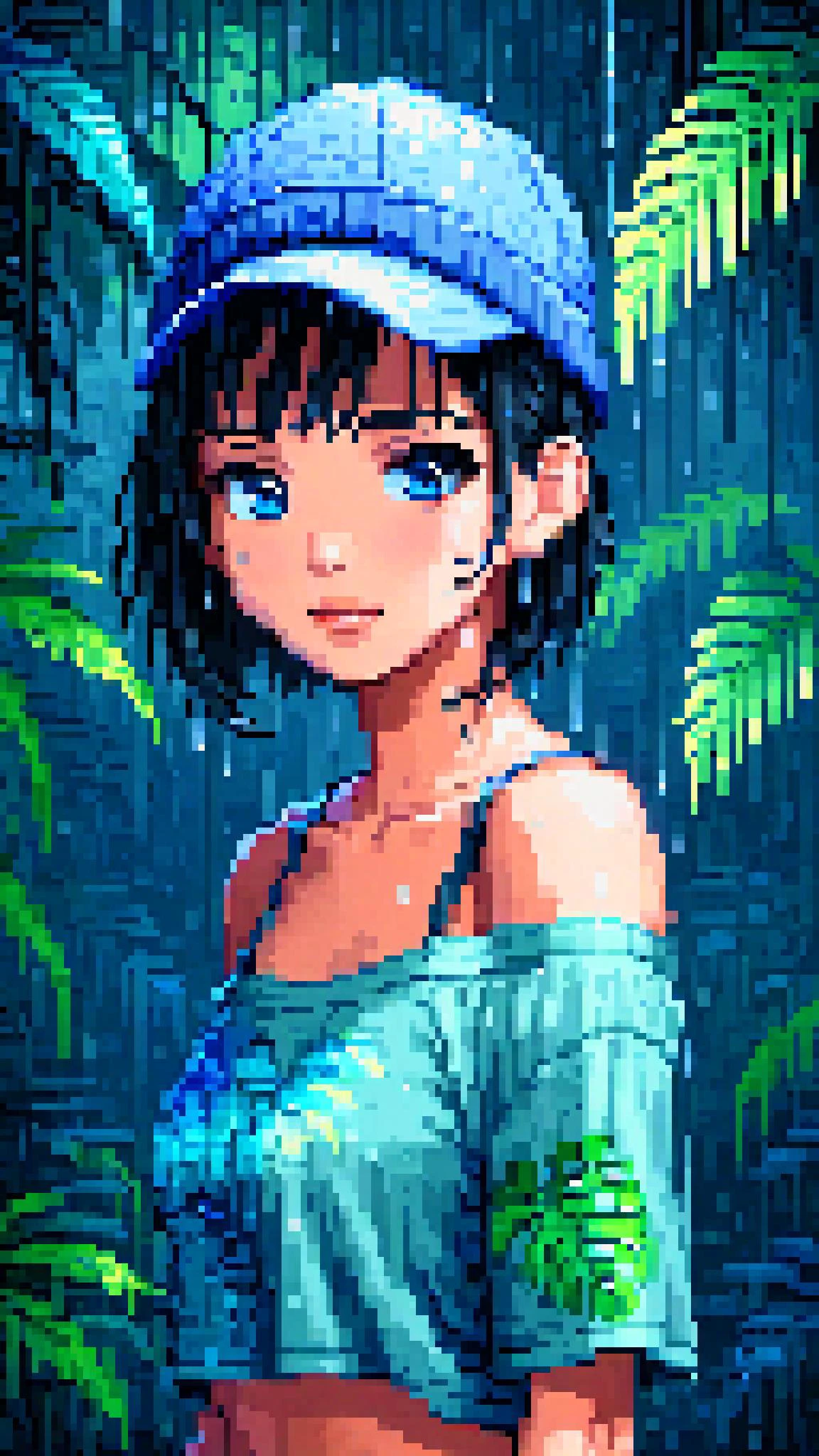 pixel art, pixel sorting, masterpiece, cute girl portrait, heavy rain in a tropical forest, gray blue atmosphere, 1girl, loose shirt, shoulder less, off shoulder, covered nipples, beanie cap, lips, nose, black hair, short hair, black background, seductive smile